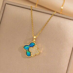 18k Gold Plated Quatrefoil Pendant Necklace, Simulated Diamond and Abalone Inlay